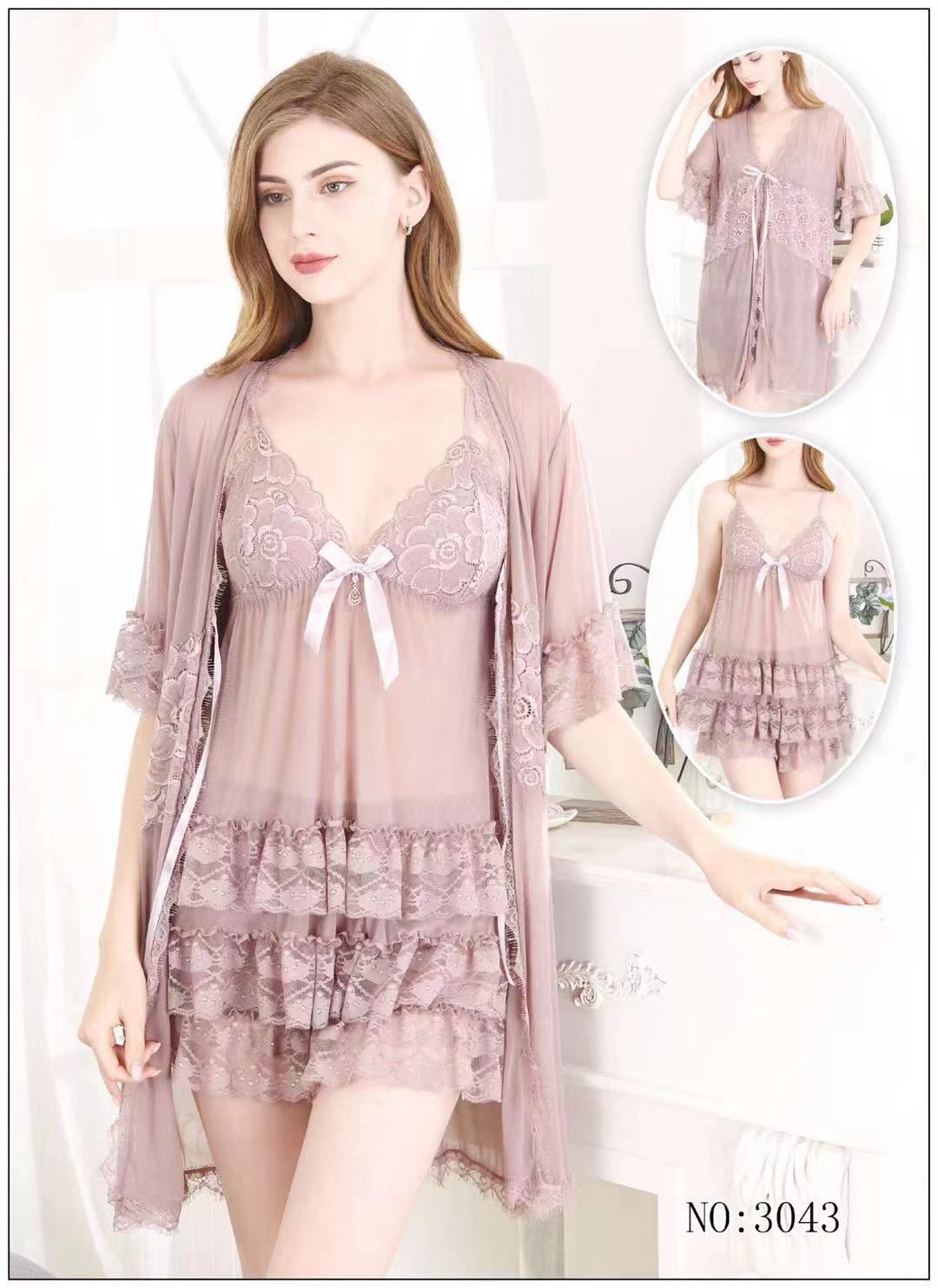 HIGH QUALITY 3 PCS SILKY LACE NIGHTY