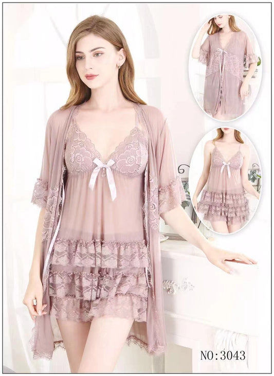 HIGH QUALITY 3 PCS SILKY LACE NIGHTY