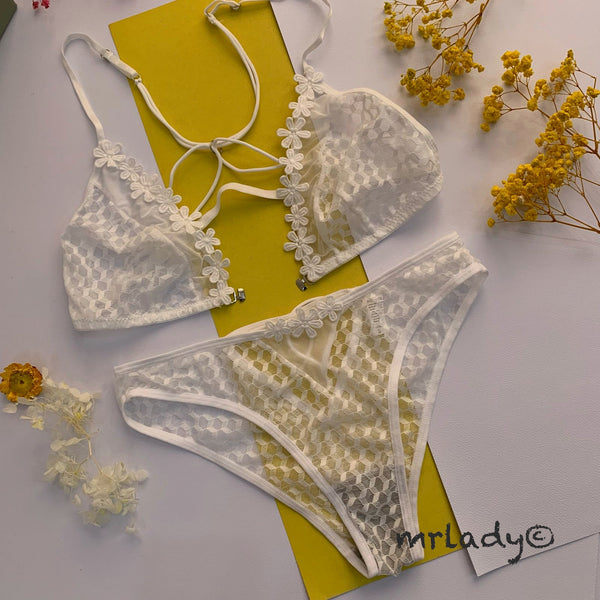 FRONT OPEN FLORAL NET BRA SET